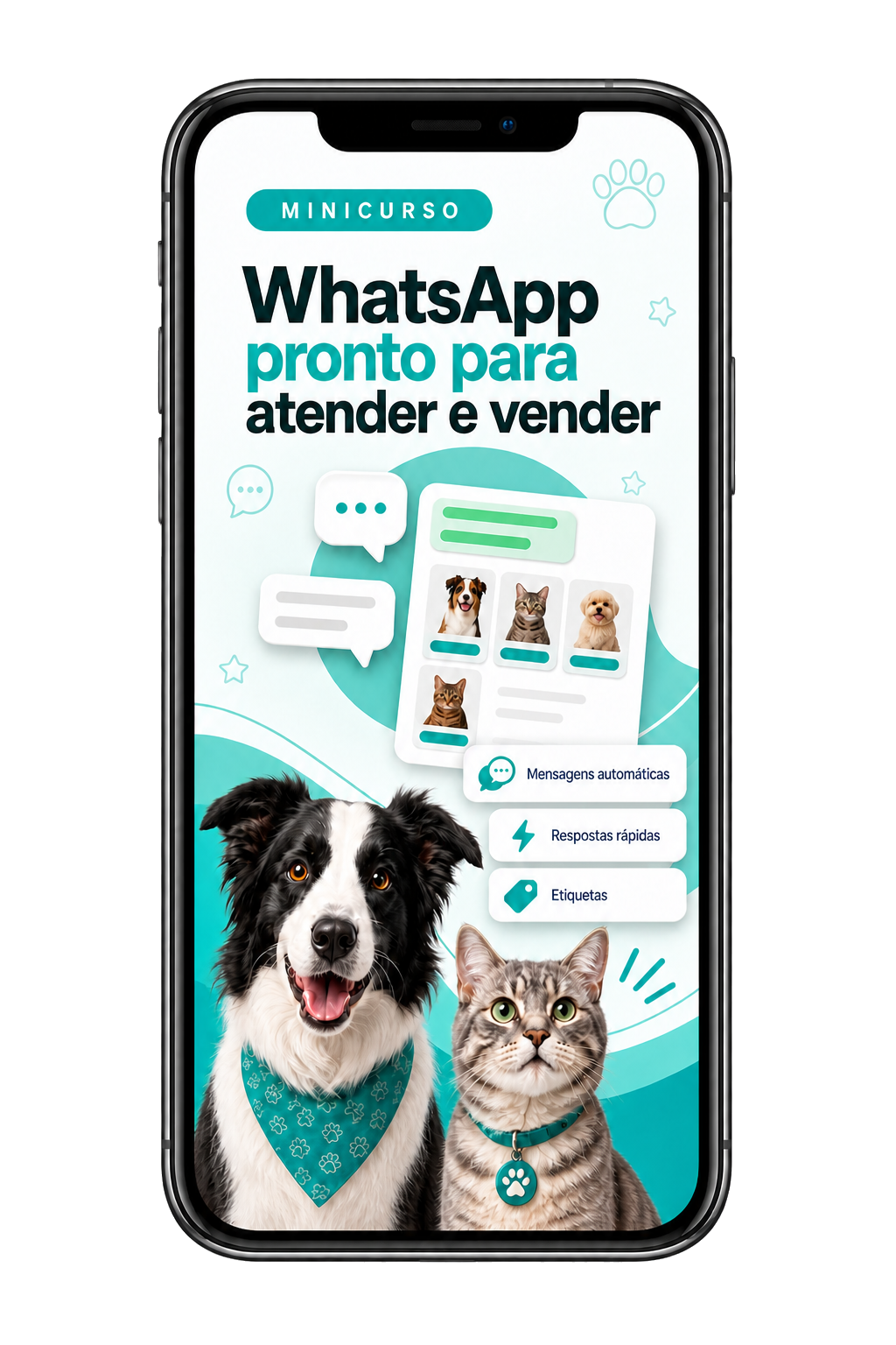 Mockup do minicurso WhatsApp pronto para atender e vender em celular