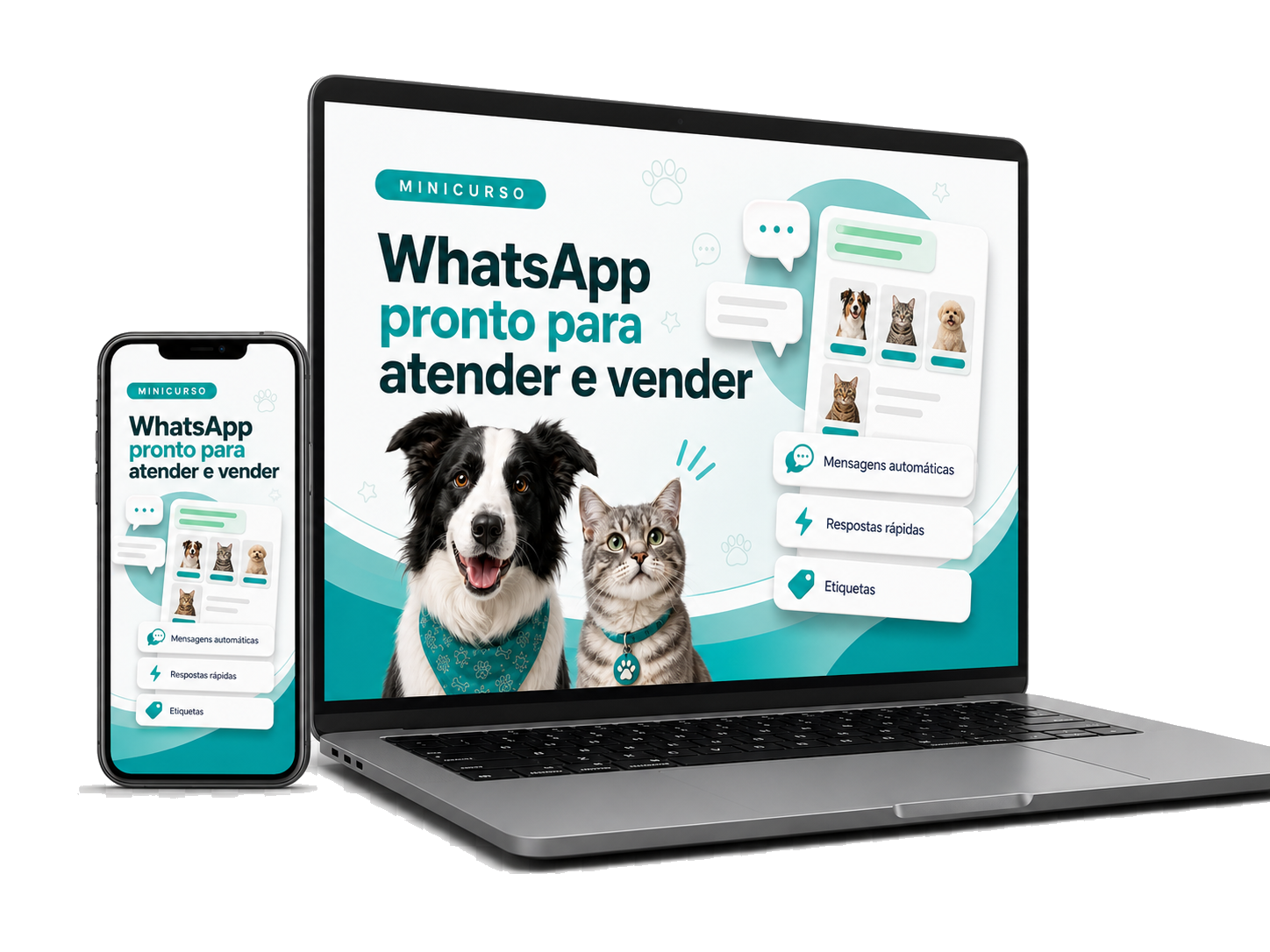 Mockup do minicurso WhatsApp pronto para atender e vender em notebook